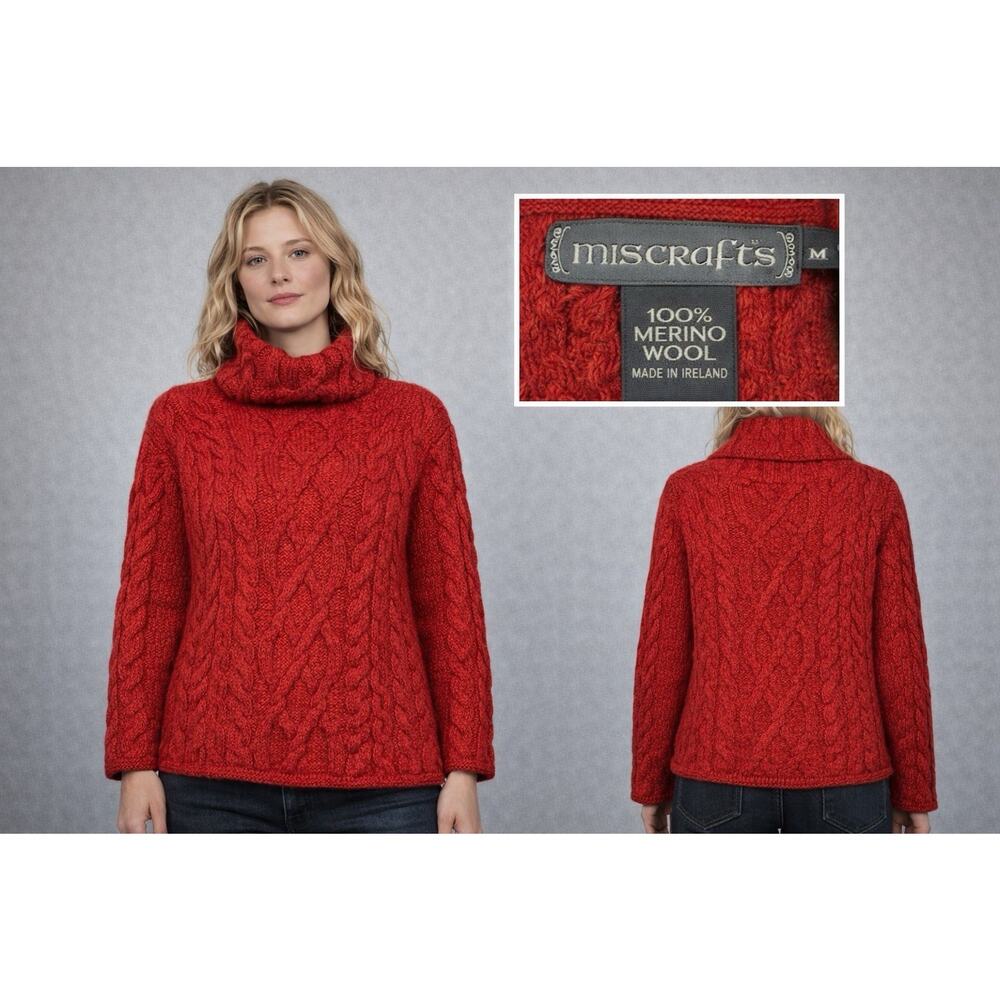 Inis Crafts Sweater XL Red Wool Heavy Cable Knit‎ Ireland Fishermen Turtleneck